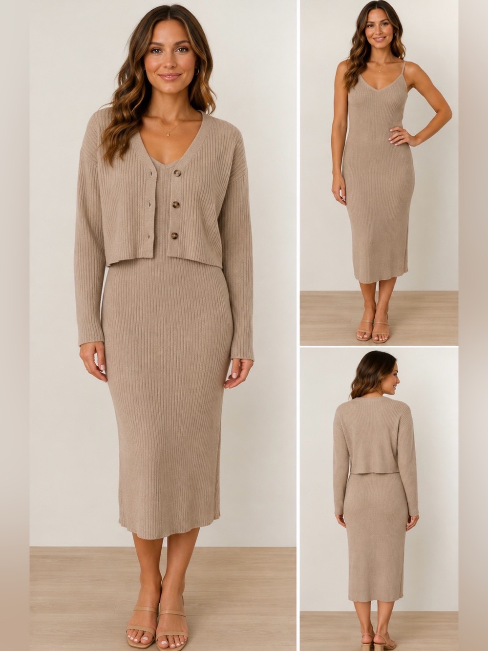 Jessica Simpson Ribbed Knit Midi Dress Cardigan Set Beige Size L